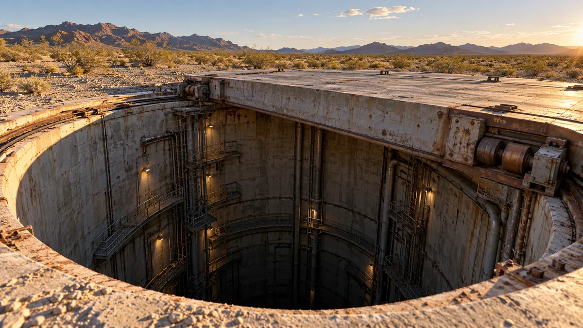 Looking down a deep concrete missile silo launch duct past a partly open silo door in the Arizona desert